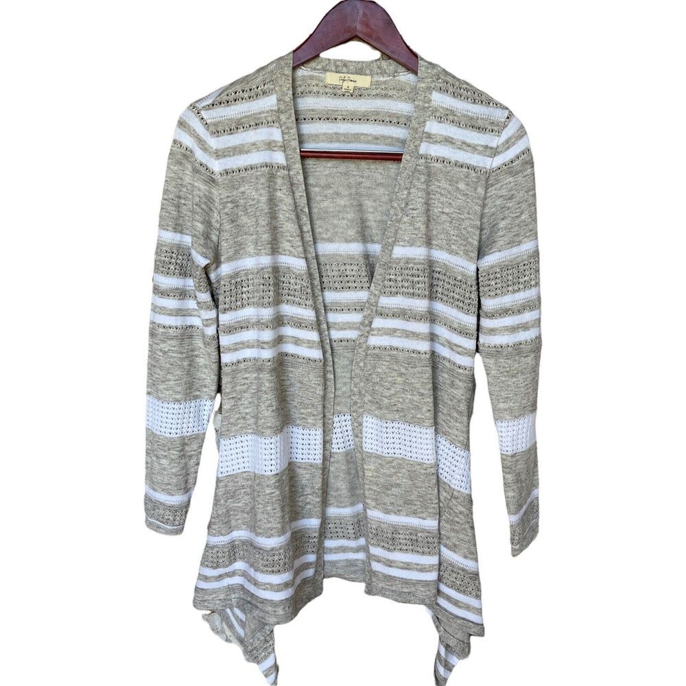 Peyton Primrose Cardigan Sweater Women Small Waterfall Open Front Gray Stripes